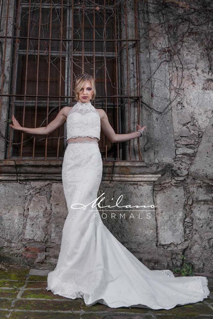 Milano Formals - Aa9326 Two Piece Lace High Halter Wedding Gown