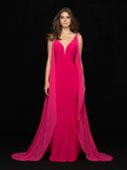 Madison James - 18-742 Embellished Deep V-neck Chiffon Gown With Cape