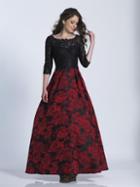Dave & Johnny - A6329 Quarter-length Sleeves Floral Print Gown