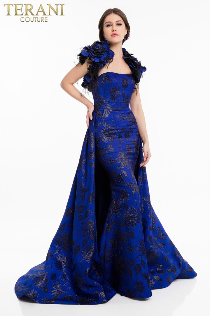 Terani Couture - 1822e7265 Brocade Floral Applique Feathered Dress