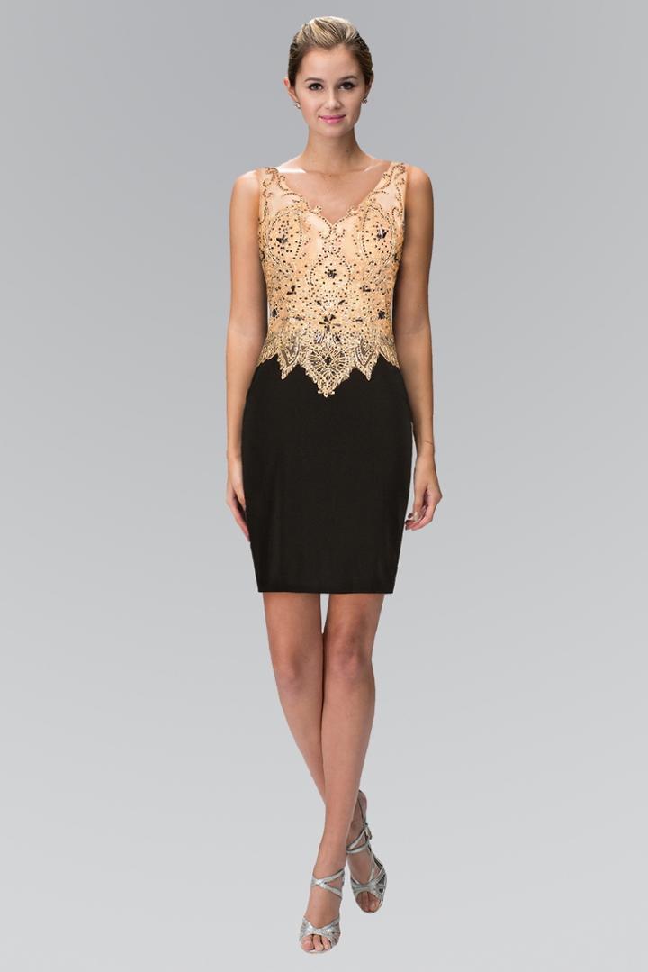 Elizabeth K - V-neck Embellished Sheath Cocktail Dress Gs1463