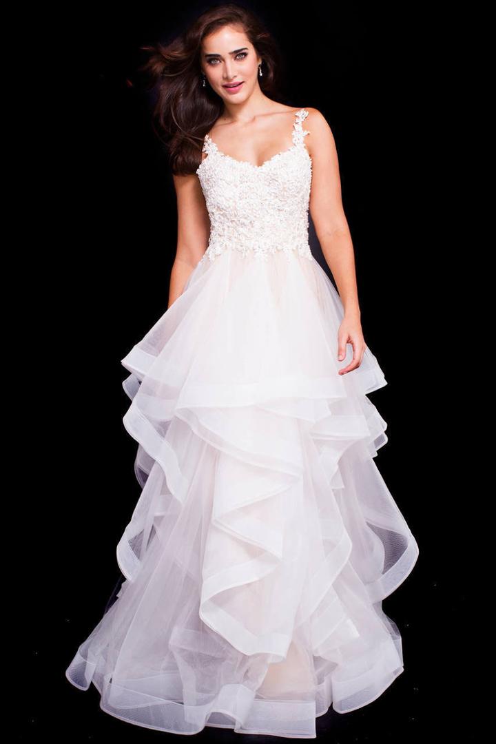 Jovani - 58113 Lace Embellished Ruffle Cascade Gown