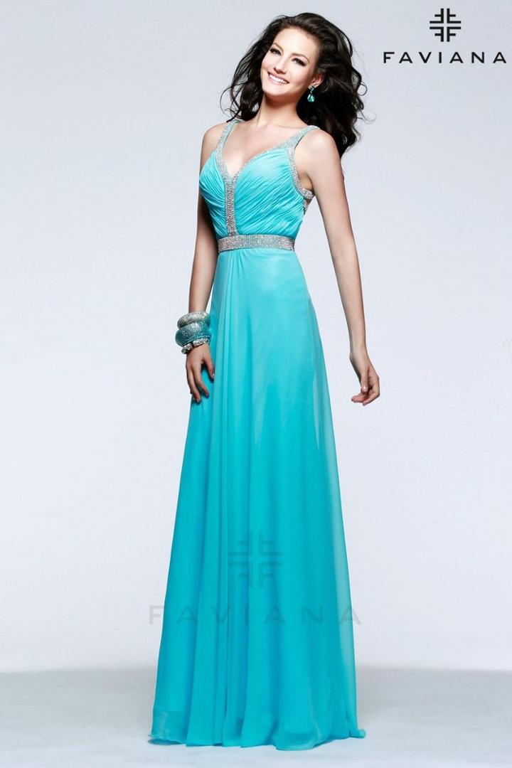 Faviana - Beaded Shirred V-neck Evening Gown 7552