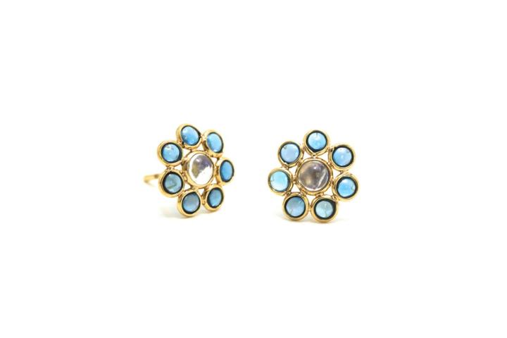 Tresor Collection - London Blue Topaz And Rainbow Moonstone Flower Stud Earrings In 18k Yellow Gold