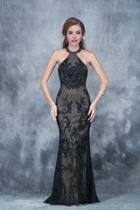 Nina Canacci - 8147 Halter Diamond Detail Embroidered Evening Gown