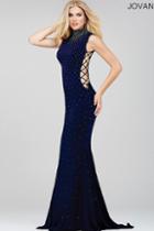 Jovani - High Neck Beaded Lace Up Prom Dress 36087