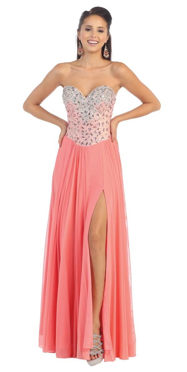 Impressive Rhinestone Embellished High Slit Long Dress