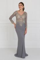 Elizabeth K - Gl1502 Jewel Embellished Long Sleeves Fitted Dress
