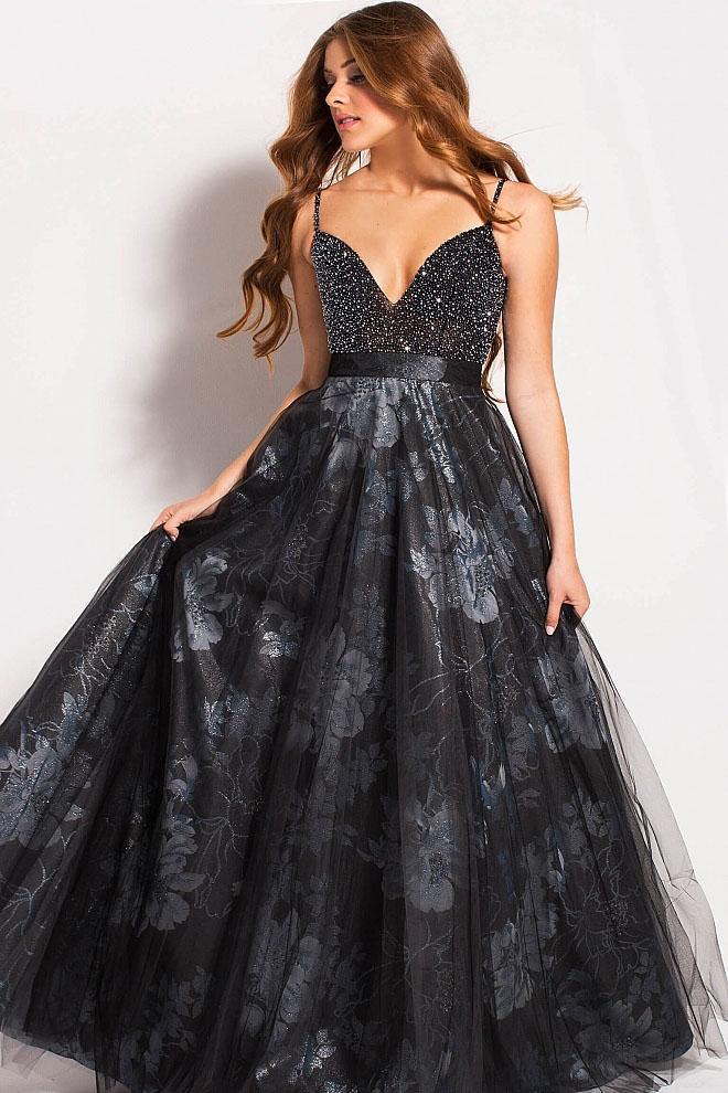 Jovani - 58601 V-neck Beaded And Floral Embellished Tulle Prom Dress