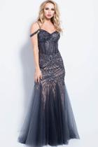 Jovani - 55876 Off Shoulder Beaded Tulle Corset Gown