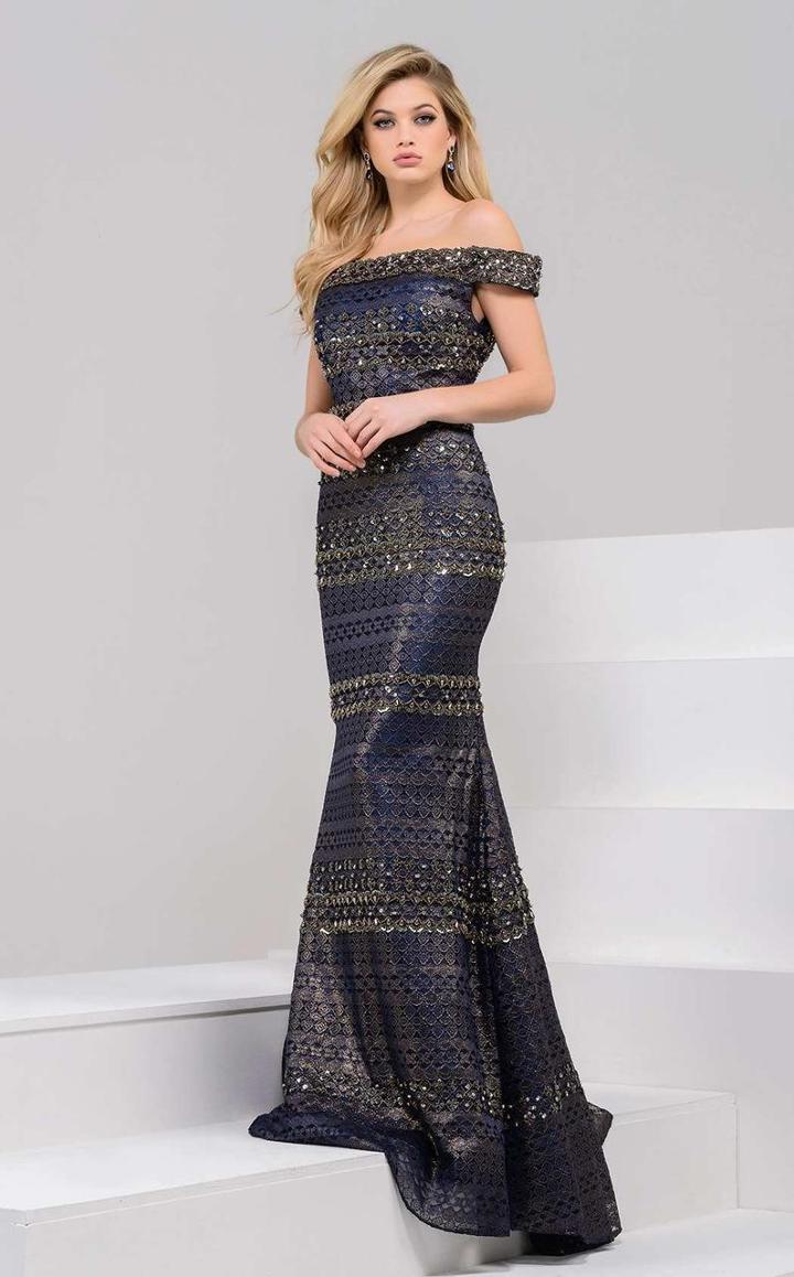 Jovani - 40872a Oramented Lace Off-shoulder Gown