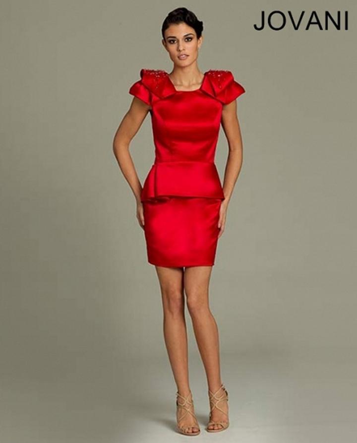 Jovani - 93427 Cap Sleeve Bow Ornate Peplum Sheath Dress