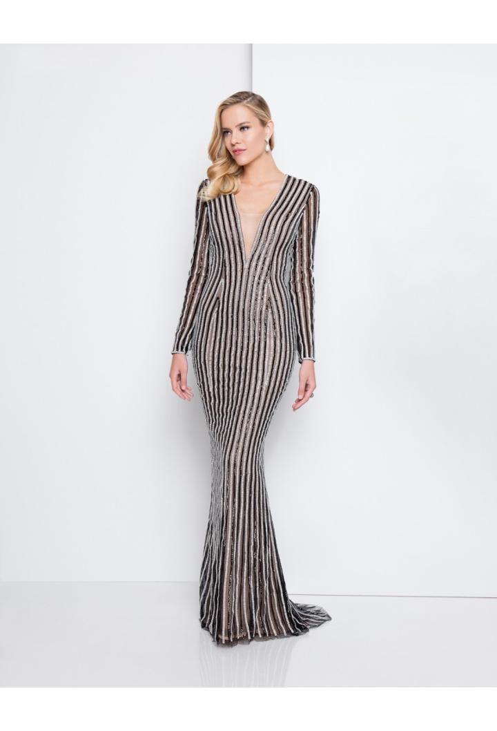 Terani Couture - 1811gl6436 Embellished Deep V-neck Sheath Dress