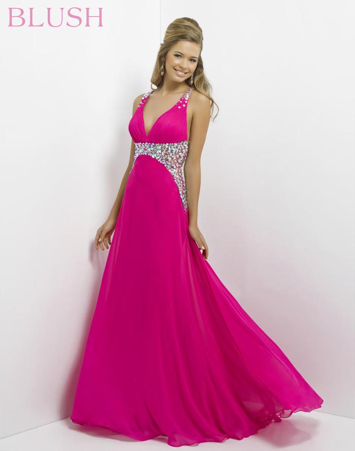 Blush - Sleeveless V-neck Pleated Long Dress 9708