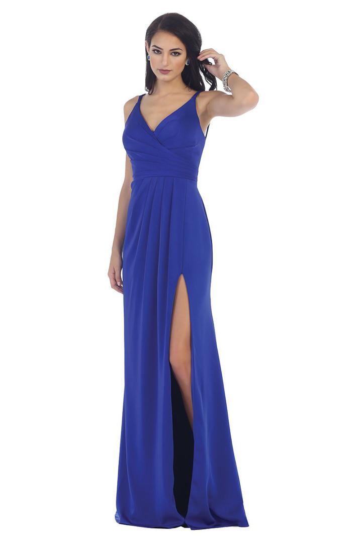 May Queen - Mq1469 Sleeveless Pleated Dress With High Front Slit