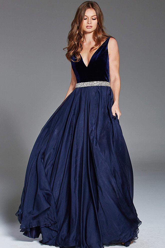 Jovani - 51523 Velvet Deep V-neck Embellished A-line Dress
