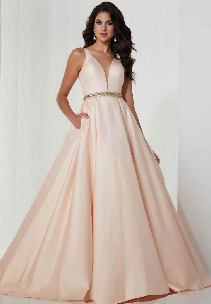 Tiffany Designs - 46123 Gilt Adorned Plunging Shimmer Satin Ballgown