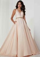 Tiffany Designs - 46123 Gilt Adorned Plunging Shimmer Satin Ballgown