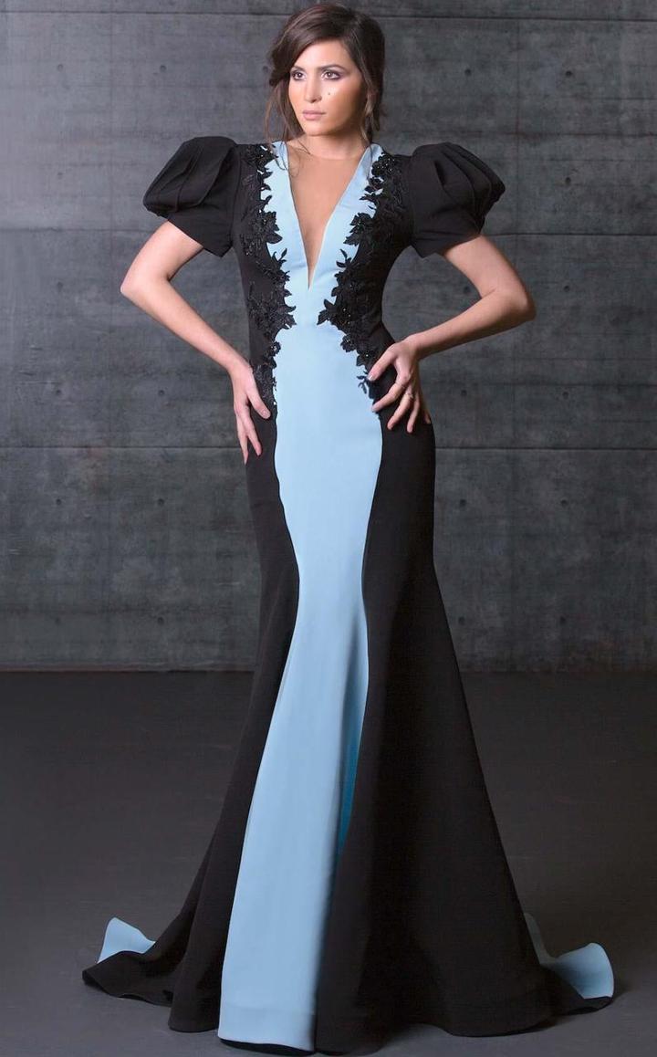 Mnm Couture - Floral Deep V-neck Trumpet Gown N0072