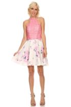 Embroidered High Halter Cocktail Dress With Floral Print A-line Skirt