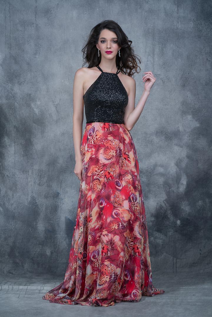 Nina Canacci - 2158 Halter Neck Sequined And Printed Gown