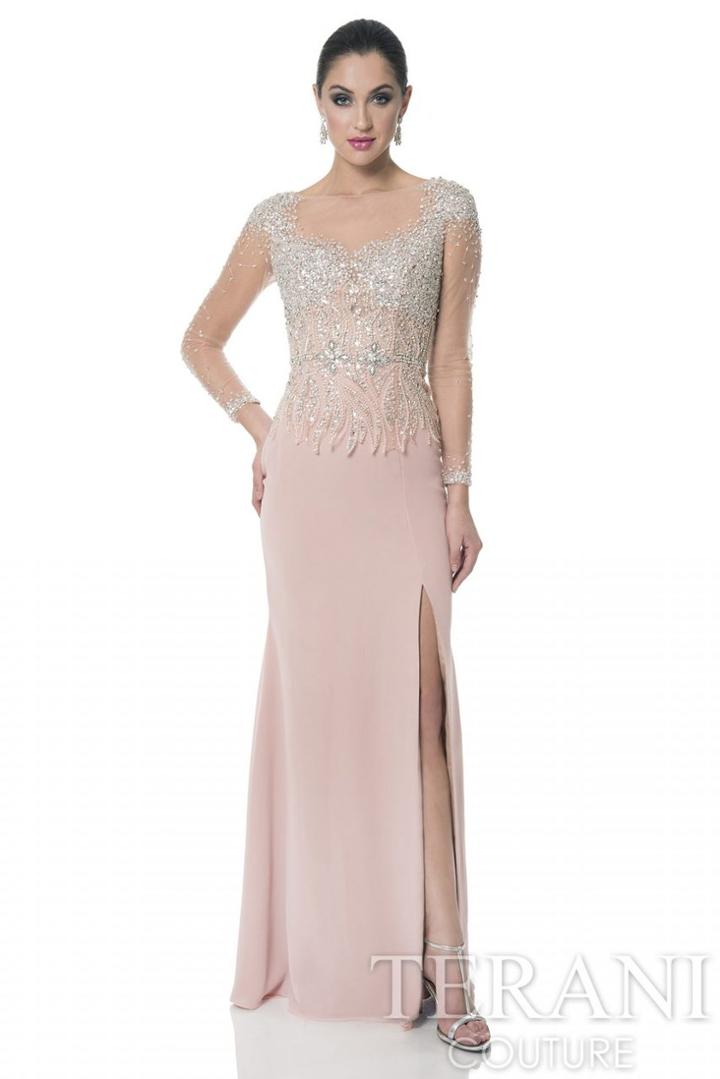 Terani Evening - Stunning Beaded Illusion Neck Polyester Column Skirt Gown 1611m0757a