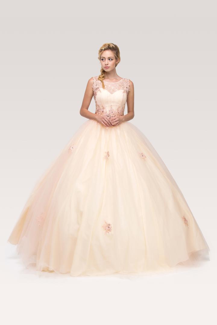 Eureka Fashion - Bejeweled Lace Illusion Bateau Ballgown