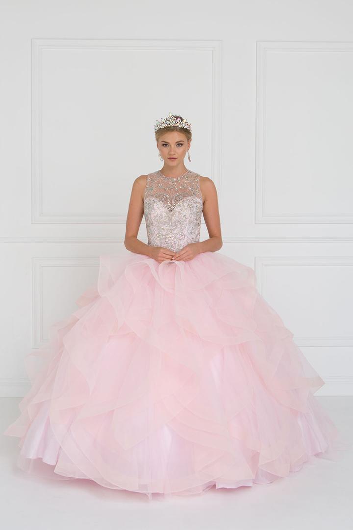Elizabeth K - Gl1553 Bejeweled Ruffled Ballgown With Sheer Bolero