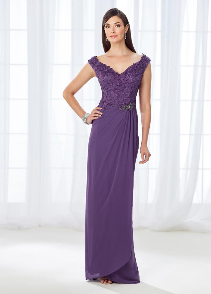 Cameron Blake - 118674 Lace Cap Sleeve Side Draped Evening Gown