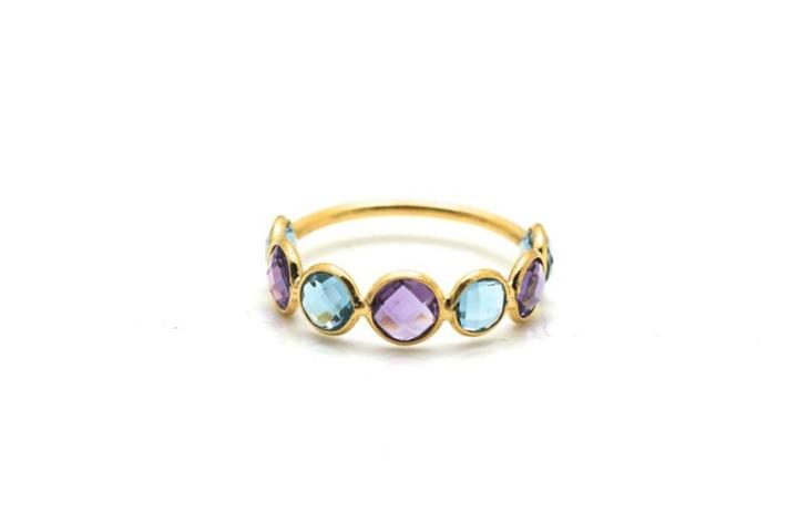 Tresor Collection - Amethyst & Blue Topaz Gemstone Stackable Ring Band In 18k Yellow Gold