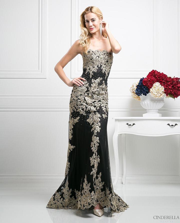Cinderella Divine - Gold Applique Scalloped Neck Sheath Dress