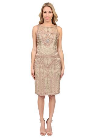 Sue Wong Seutache Embroidered Short Dress In Beige
