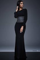 Jovani - Long Sleeve With Leather Waistline Black Evening Dress M309