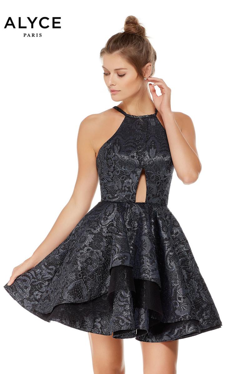 Alyce Paris - 4082 Jacquard Halter Neck A-line Dress