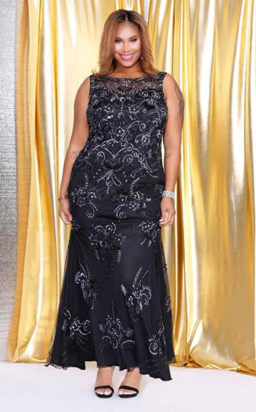 Kurves By Kimi - Full-length Pattern Embellished Mesh Evening Dress 71121
