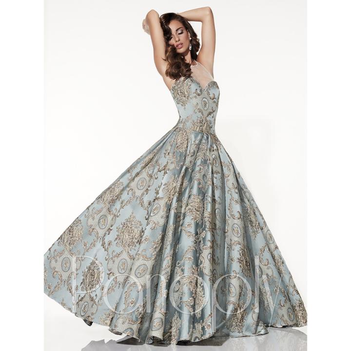 Panoply - Illusion Haltered Neck Brocade A-line Dress