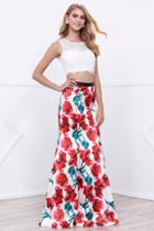 Nox Anabel - Sleeveless Lace White Crop Top And Floral Printed Semi-mermaid Skirt Prom Dress 8342
