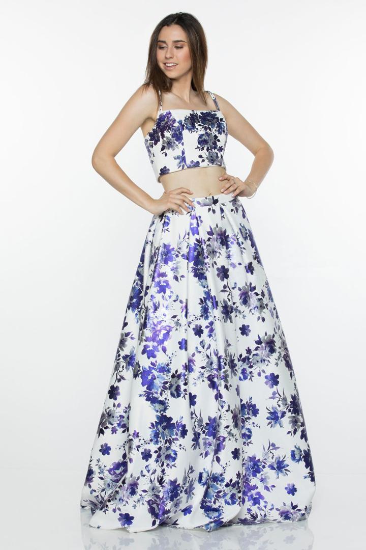 Milano Formals - E2341 Beaded Floral Print Two Piece Gown