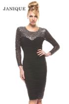 Janique - Ruched Jersey Dress With Beaded Mesh Long Sleeves 1341