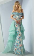 Mnm Couture - G0874 Floral Applique Off-shoulder Dress With Overskirt