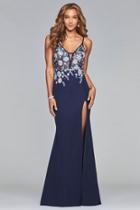 Faviana - S10088 Slim V-neck Floral Embroidered Evening Dress