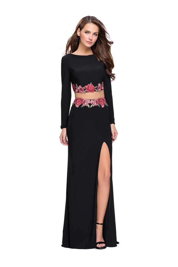 La Femme - 25695 Long Sleeve Flower Trimmed Jersey Evening Gown