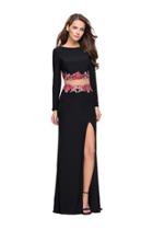 La Femme - 25695 Long Sleeve Flower Trimmed Jersey Evening Gown