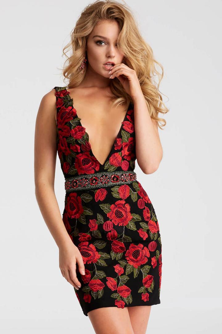 Jovani - 45743 Sleeveless Floral Plunging Cocktail Dress