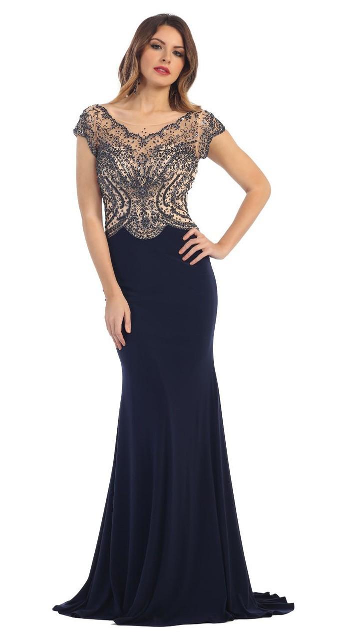 May Queen - Illusion Embellished Bodice With Cap Sleeve Sheath Dress Rq7310