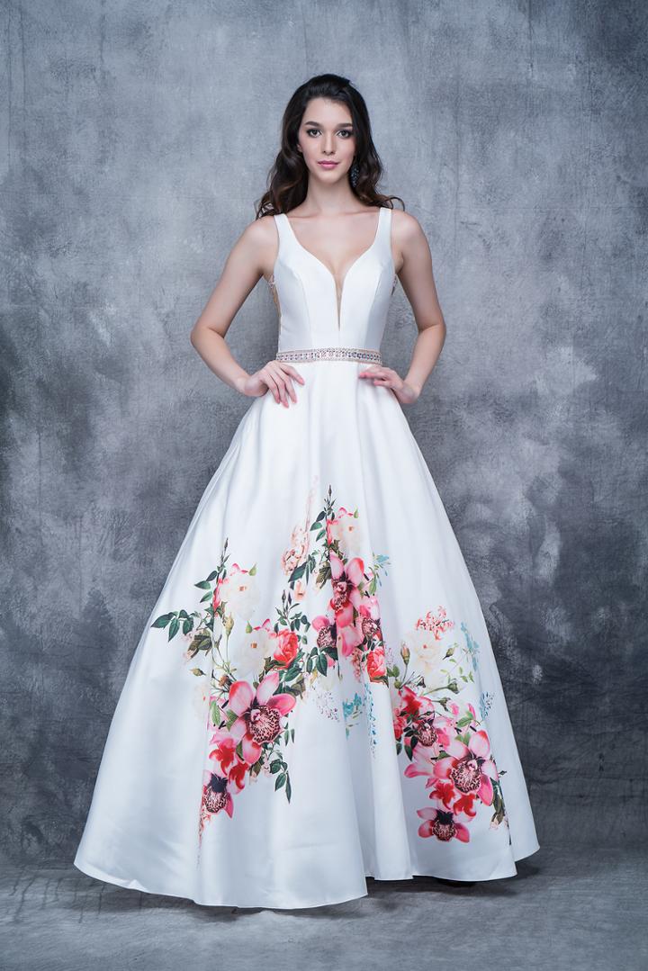 Nina Canacci - 1385 Plunging V-neck Floral Accent Ballgown