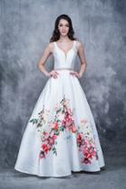 Nina Canacci - 1385 Plunging V-neck Floral Accent Ballgown