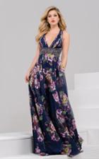 Jovani - 49968 Deep V-neck Floral Print Evening Gown