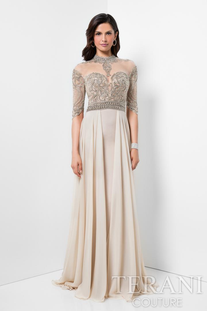 Terani Evening - Crystal Embellished Collared Neck A-line Chiffon Dress 1711m3376