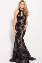 Jovani - 54834 Halter Lace Fitted Dress With Keyhole Detail